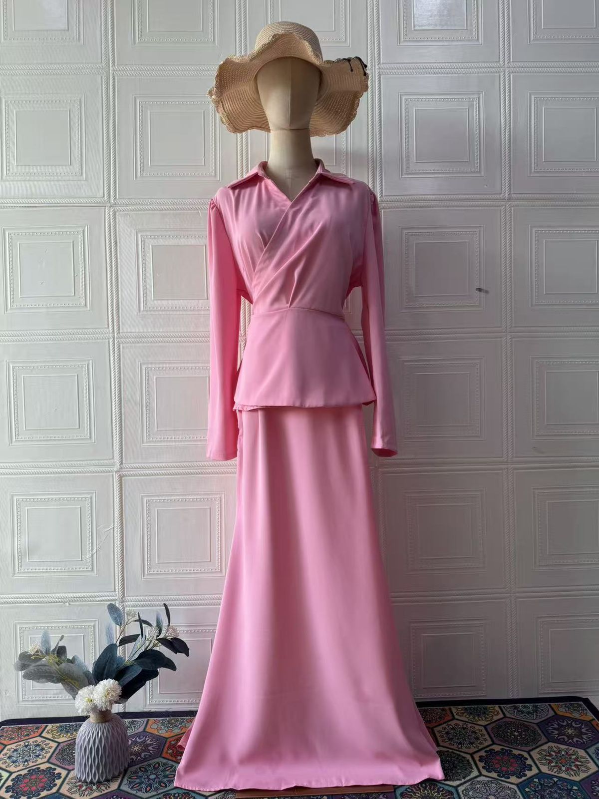 Elegant Long Sleeve Dress Set - Sweetheart Neckline High Waist Midi Dress With Flared Hem (Pink/Black, S-XXL)_ecoleips.com