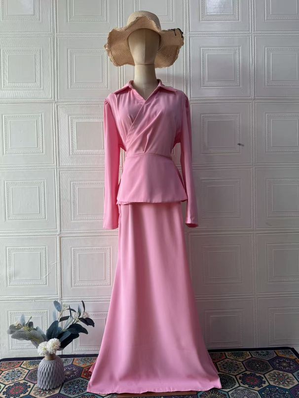 Elegant Long Sleeve Dress Set - Sweetheart Neckline High Waist Midi Dress With Flared Hem (Pink/Black, S-XXL)_ecoleips.com