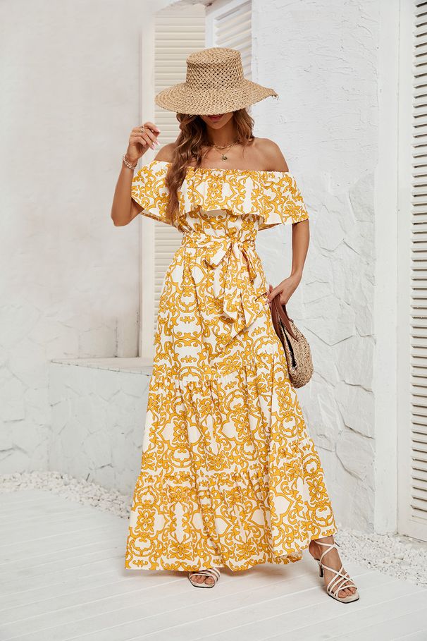 Cross-border European And American Foreign Trade Independent Site Summer Hot-selling Off-shoulder Printed Ruffle_ecoleips.com