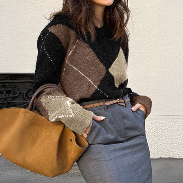 Diyun European And American Casual Vacation Fashion Color Block Long Sleeve Knitted Sweater Women's Clothing 2025 Autumn_ecoleips.com