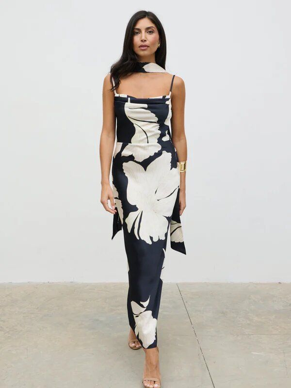 Spring/Summer Fashion Women's Halter Neck Slouch Satin Floral Print Bodycon Dress Long Skirt Style_ecoleips.com