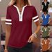 Women's Casual V-Neck Zip-Up T-Shirt - Stylish Color Block Short Sleeve Top For Spring & Summer_ecoleips.com