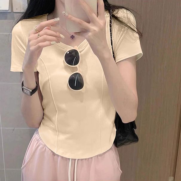 Korean Style Gentle Style Elegant Pure Cotton Short-Sleeve T-Shirt For Women's Summer Slimming Fishbone Line Design Is V_ecoleips.com