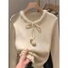 girl Fluffy Fufu Collar Soft Knitted Base Shirt For Women Winter Ruffled Edge Pom-Pom Tie Sweater Inner Wear_ecoleips.com