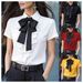 Women's Solid Color Lace-Up Bow Ruffle Short Sleeve Shirt Regular Fit Elegant Fashion Blouse for Spring/Summer_ecoleips.com