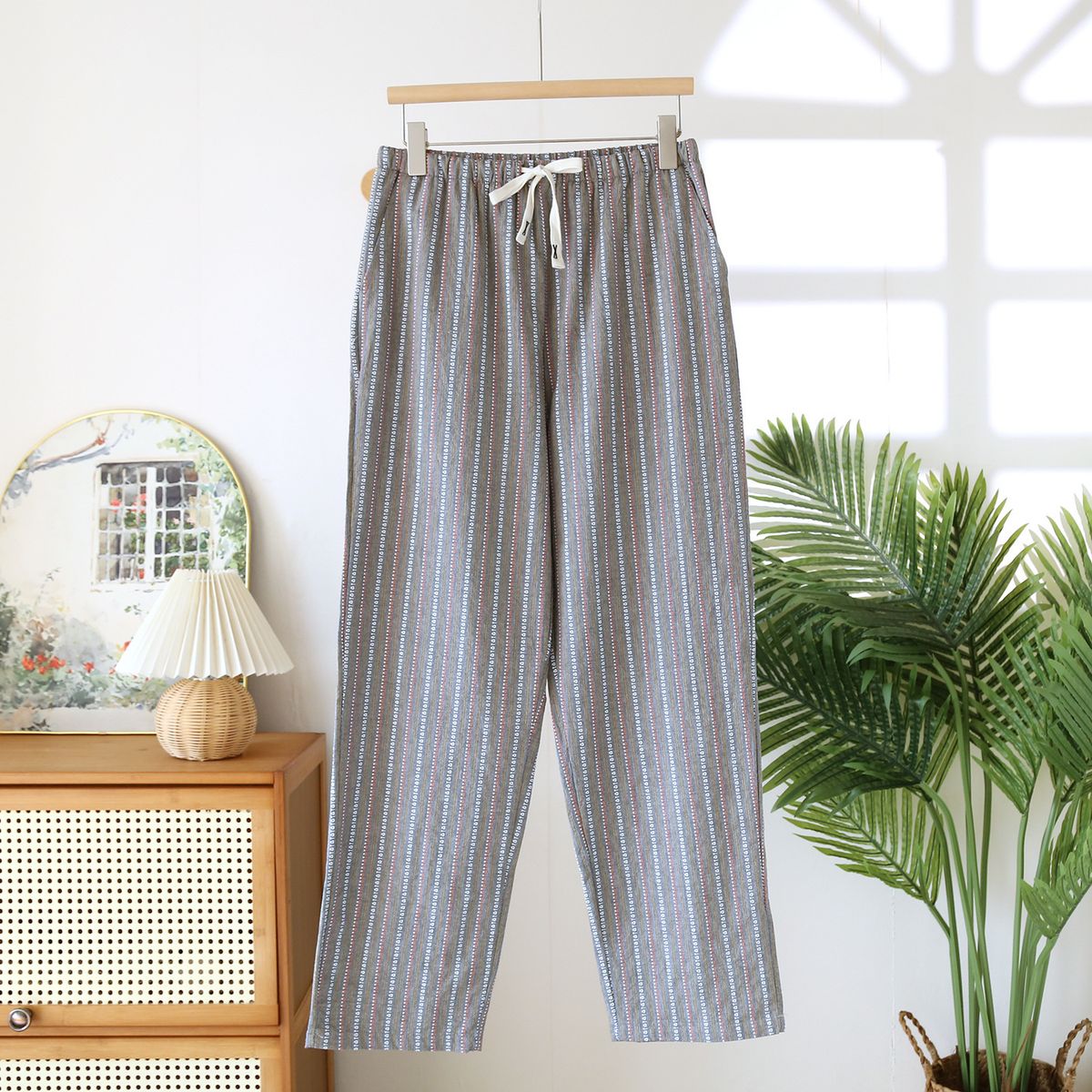 Couple Style Striped Design Long Pants With Side Pockets Simple And Casual Cotton Color Woven Thin Sleepwear Pants For Homewear_ecoleips.com