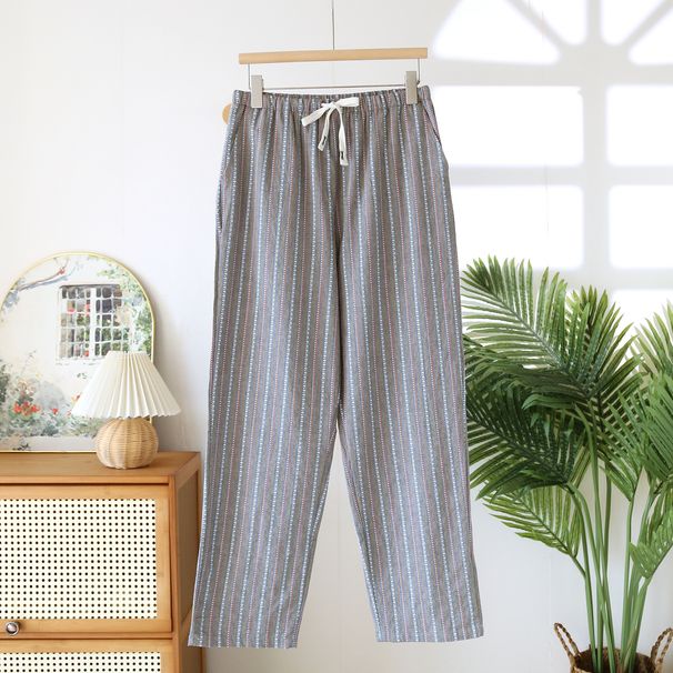 Couple Style Striped Design Long Pants With Side Pockets Simple And Casual Cotton Color Woven Thin Sleepwear Pants For Homewear_ecoleips.com