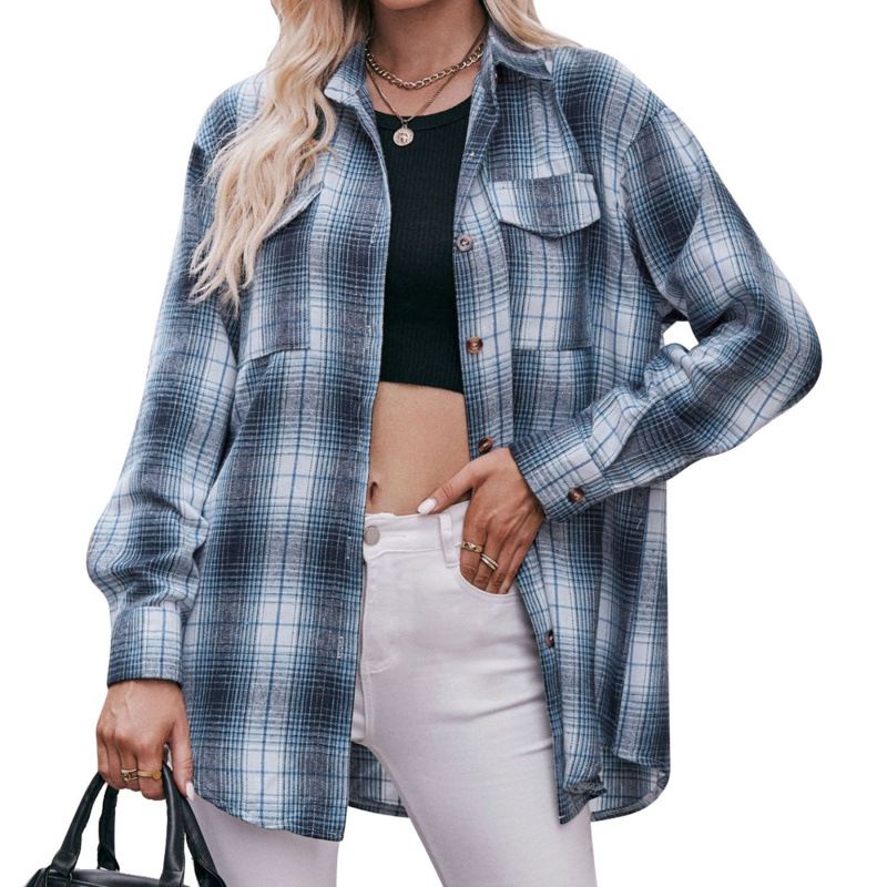 Women's Autumn/Winter Casual Loose Checkered Shirts With Contrasting Color Cardigans Wholesale Available_ecoleips.com