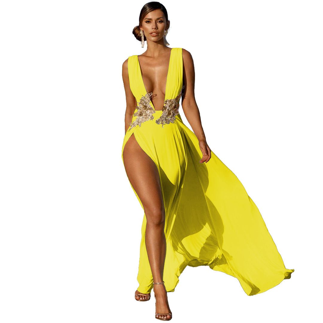 Women's Clothing Long Skirt Sexy Fashion Wedding Evening Dress Deep V High Slit Part Big Swing Long Skirt_ecoleips.com
