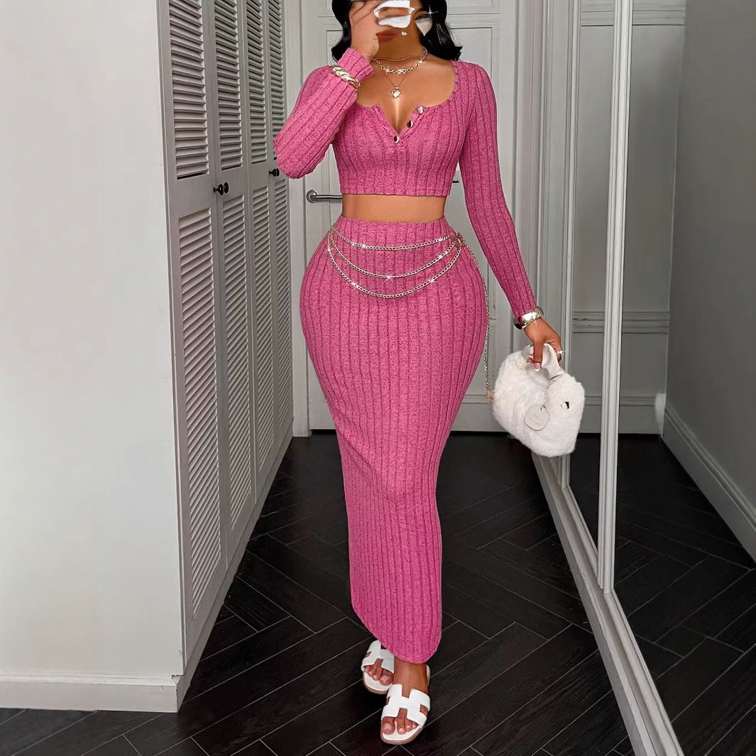 Fashion Women's Long Sleeve Bodycon Skirt Set_ecoleips.com
