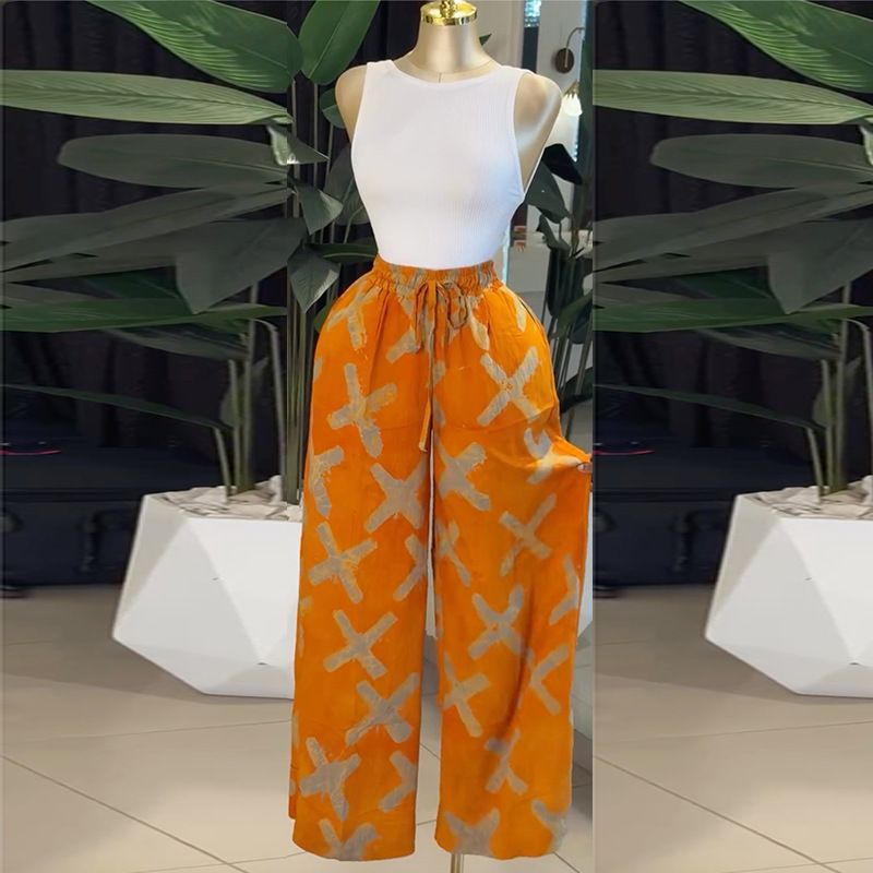 Women's Clothing Women's High Waisted Slimming Wide Leg Pants European American Style Printed Drawstring Design Sweet Fresh Autumn_ecoleips.com
