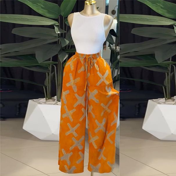 Women's Clothing Women's High Waisted Slimming Wide Leg Pants European American Style Printed Drawstring Design Sweet Fresh Autumn_ecoleips.com