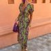 Women's Clothing Fashion Contrast Color Printed Long Skirt Elegant Slim V Neck Short Sleeved Dress_ecoleips.com