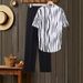Effortless Chic: Women's Loose-Fit Striped Print Blouse With High-Waisted Pull-On Pants Set For Daily Commute_ecoleips.com