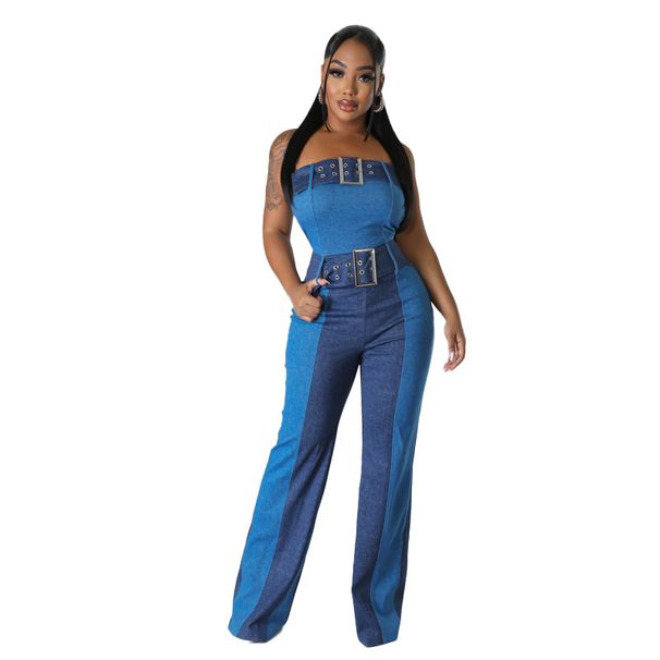 Women's Clothing New Splicing Tube Top Strap Waist Denim Jumpsuit_ecoleips.com