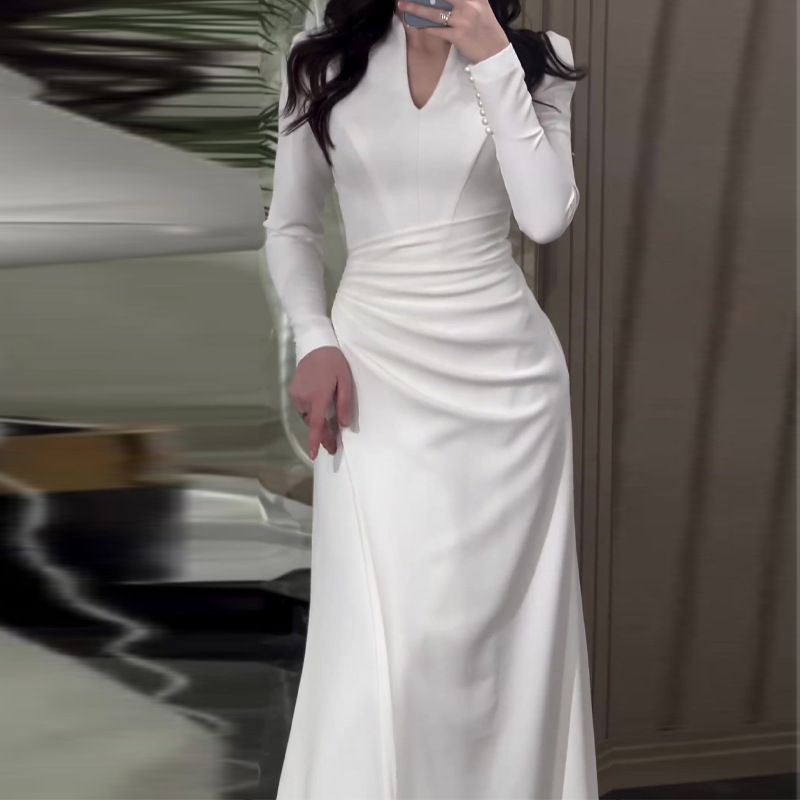 Aria Basics Aria Basics 2024 Spring New European And American Cross-Border Solid Color Slim-Fit Pleated Long-Sleeve High-Waisted Dress_ecoleips.com