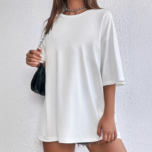 Women's White Short-Sleeved Loose T-Shirt, Round-Neck Half-Sleeved Polyester Glossy Top, Versatile And Elegant_ecoleips.com