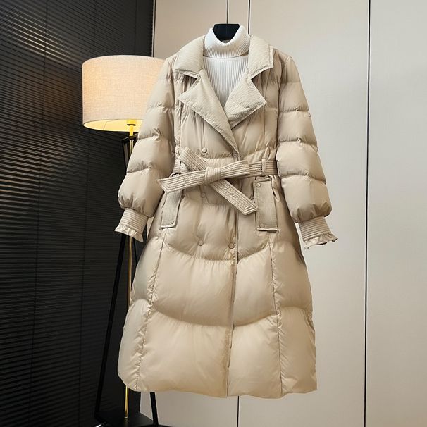Elegant Women's Trench Coat Down Jacket With Slim Fit, Double Breasted, Waist Belt & Long Length For Winter Fashion_ecoleips.com