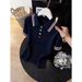 Chic Contrast Collar Knit Short Sleeve Top For Petite Women – Slimming, Versatile & Stylish With Colorful Buttons_ecoleips.com