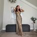 Elegant Pleated Gold-Tie Maxi Dress With High Slit For Casual & Party Wear – British Style, Polyester Blend, S/M/L/XL_ecoleips.com