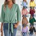 Women's V-Neck Button Front Knotted Hem Chiffon Blouse 3/4 Sleeve Casual Tops_ecoleips.com