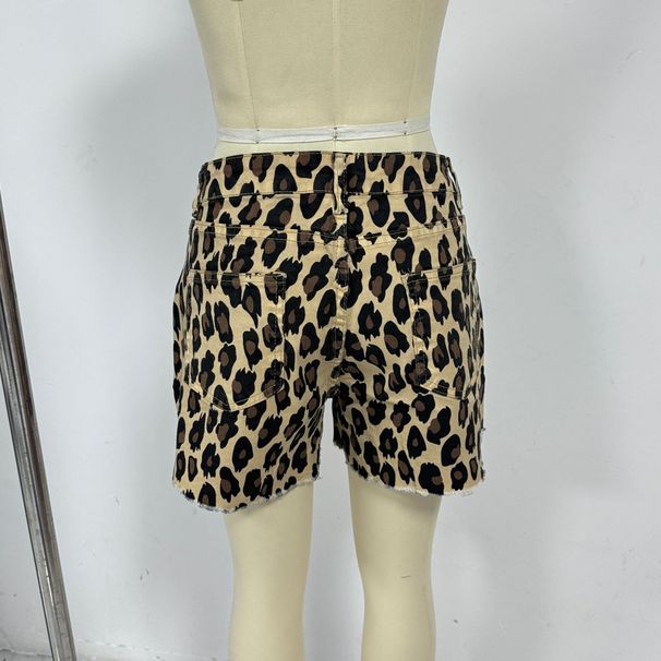 K New Retro Leopard Print Ripped Edge High Waisted Denim Shorts For Women_ecoleips.com