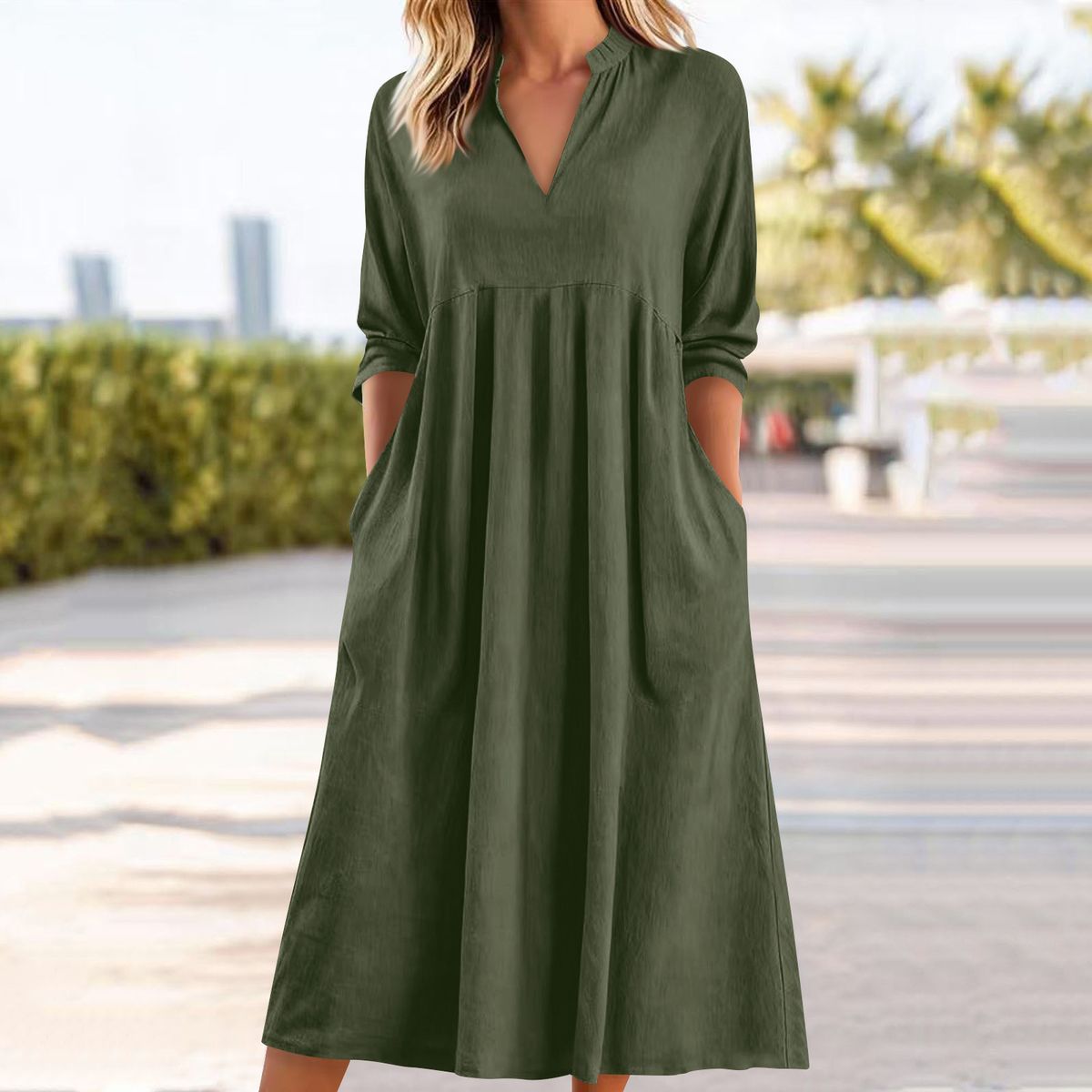 Summer New Style Women's Casual Dress Solid Color Cotton Linen Short Sleeve V Neck Pocket Detail_ecoleips.com