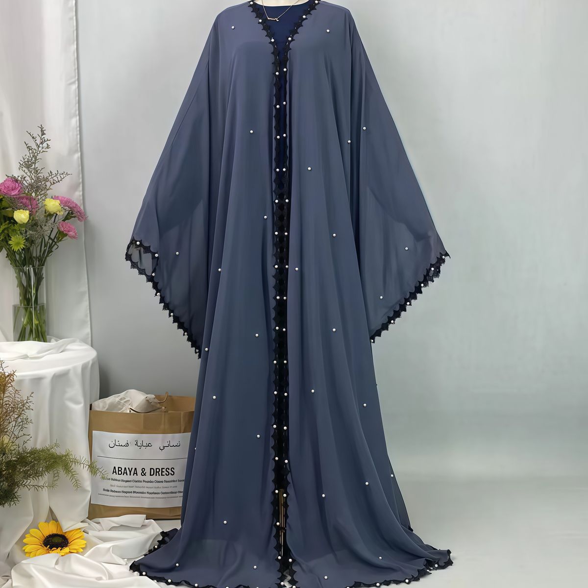 Women's Clothing Elegant Pearl-Embellished Long Dress – Lace Trim & Cardigan Style (S-XL, Gray-Blue)_ecoleips.com