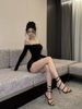 FORNIS Rhinestone Off-Shoulder Long Sleeve Top PU Straight Shorts Set_ecoleips.com