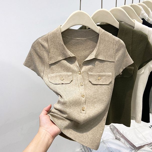 Women's Clothing Lapel Sweater Short Sleeve Slim Short Tops_ecoleips.com