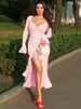 JULISSA MO Sexy Deep V-neck High Slit Ruffle Women Dress Pink Flare Sleeve Single Breasted Dress Autumn Slim Party Evening Dress_ecoleips.com