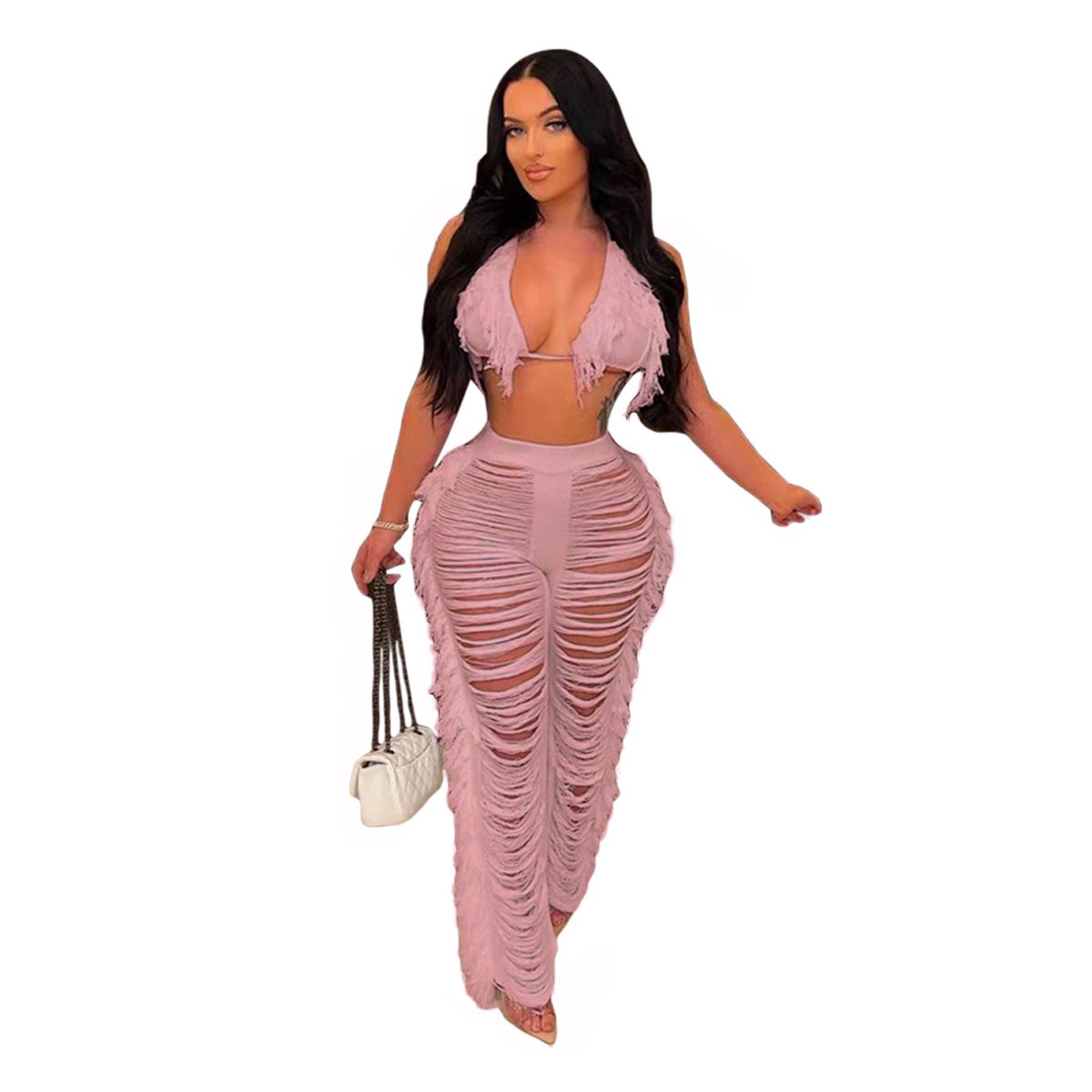 TS1193 New Women's Solid Color Bikini Tassel Knitted Beach Shorts Set_ecoleips.com