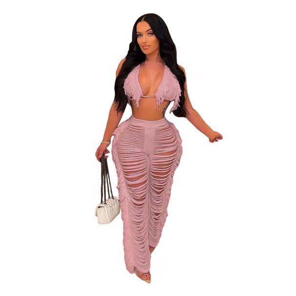 TS1193 New Women's Solid Color Bikini Tassel Knitted Beach Shorts Set_ecoleips.com