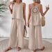Elegant Solid Color Lace Hollow-Out Two-Piece Set Women's Fashion Vest & Wide-Leg Pants For Casual & Office Wear_ecoleips.com