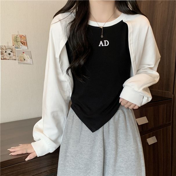 real-shot Irregular Fake Two-piece Short Long-sleeve Sweatshirt Women, Spring And Autumn Thin New Design_ecoleips.com