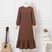 Women's Clothing Puff Sleeves Ruffle Hem Dress Retro Robe Pocket Women's Loose Long Dress_ecoleips.com