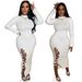 Women’s High-Neck Ribbed Long Sleeve Dress With Lace-Up Detail – Stretchy Polyester-Spandex Blend, Elegant ( & Evening Wear)_ecoleips.com