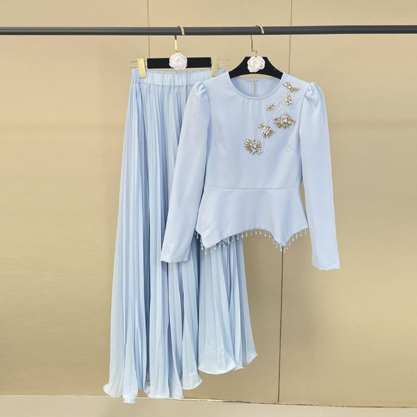 Elegant Blue Two-Piece Set With Intricate Beading & Subtle Fringe, Waist-Cinching Pleated Maxi Skirt, Formal Evening Gown_ecoleips.com