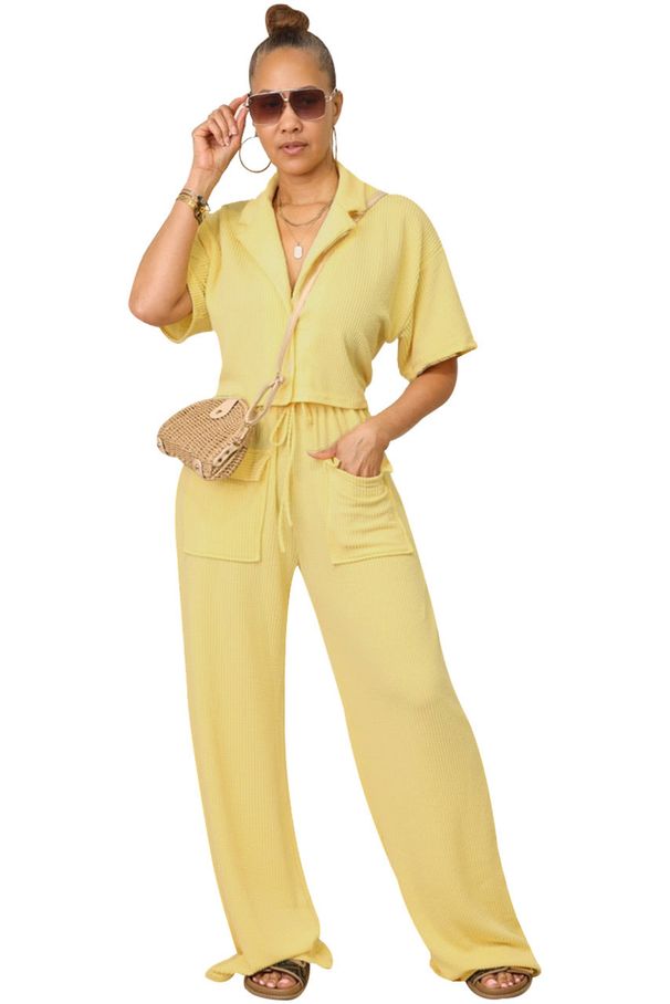 Women's Clothing Solid Color Short Sleeved Shirt Collar Top Long Casual Wide Leg Pants Suit_ecoleips.com