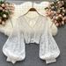 Slimming Short Crochet Lace Top Women's Backless Lace up Korean Fashion Chic Versatile New Autumn Style See through Blouse_ecoleips.com