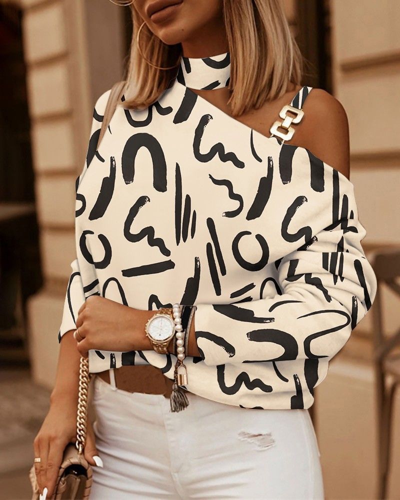 Women's Long Sleeved Chain Halter Neck Printed Top Button Decorative Winter_ecoleips.com