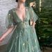 Green Tulle Evening Gown Floor Length V Neck Floral Print Puff Sleeves Sexy Long Dress Style Ball Dress_ecoleips.com