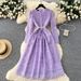 Women's Elegant French Style Lace Dress With Rhinestone Studs Long Sleeves Ruffled Waist Cinching Slimming Sophisticated For Autumn_ecoleips.com