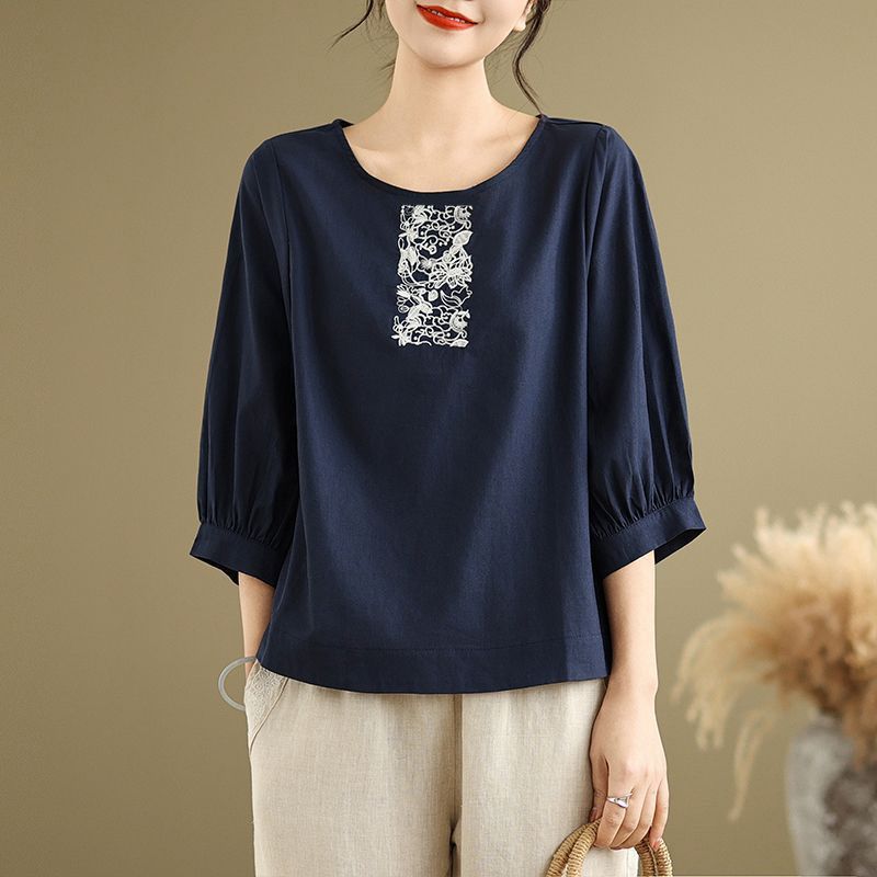 Spring/Summer Plus-Size Women's Cotton-Linen Embroidered Short-Sleeve Top, Artistic Vintage Loose Casual Cotton Mid-Slee_ecoleips.com