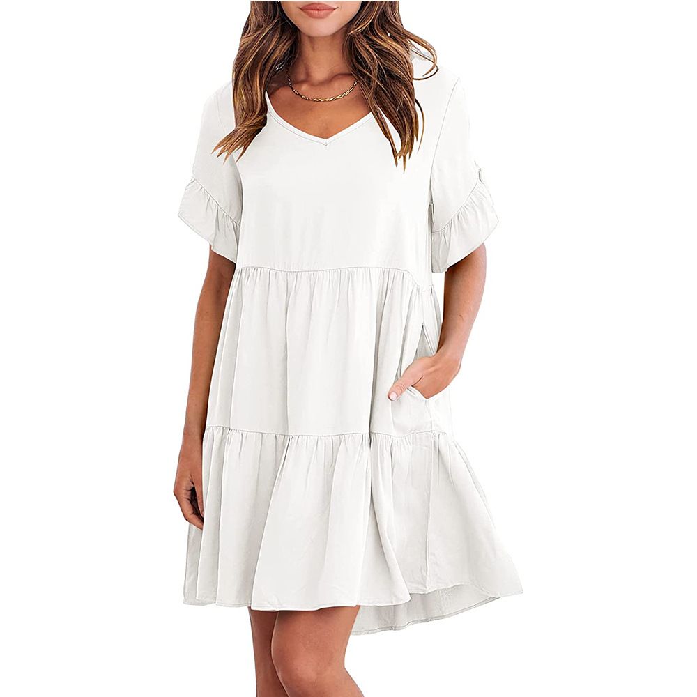 Women's Summer Casual V Neck Dress Babydoll Style Three Layers Of Pleats American Fashion New_ecoleips.com
