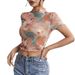 European And American Cross-border 2026 New Elegant Mesh Printed Ruffled Short-sleeve T-shirt Slimming Top_ecoleips.com