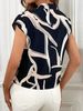 Brush Print Tie Neck Blouse, Elegant Short Sleeve Top For Spring & Summer, Women's Clothing_ecoleips.com