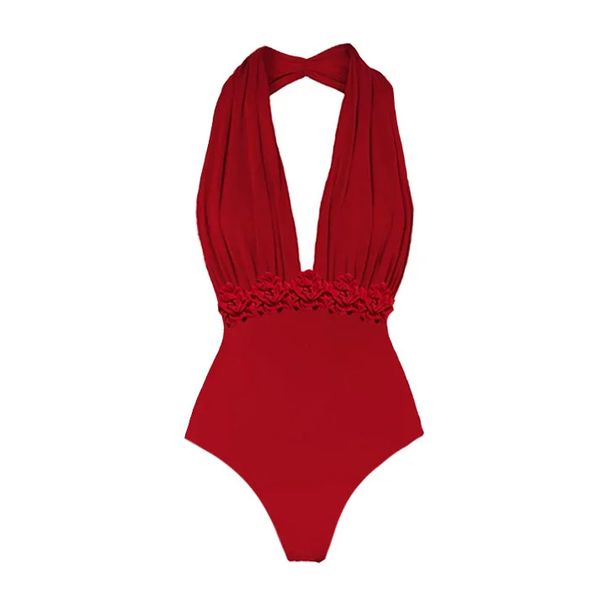 Women's Clothing Deep V Neck Solid Color One-piece Swimsuit Suit_ecoleips.com