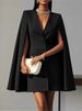 Elegant Double-breasted Shawl Cape Solid Color Suit Dress For Women In Autumn Fashion Black Deep V Neck Mini Dresses Robe Femme_ecoleips.com