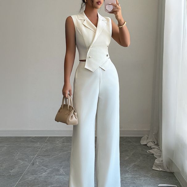 Women's Clothing Elegant Suit Fitted Waist Top Flowing Wide Leg Spring Summer_ecoleips.com